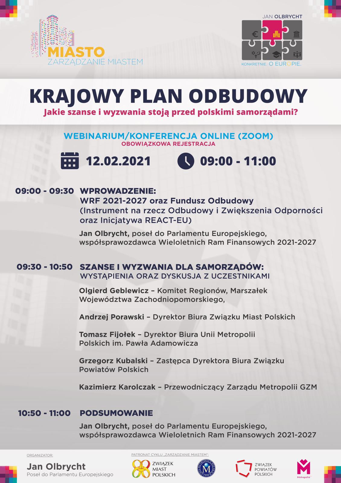 "Krajowy Plan Odbudowy - jakie szanse i wyzwania stoją przed polskimi samorządami?" - zaproszenie na webinarium